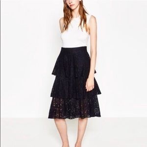 Zara Tiered Dark Navy Blue Lace Midi Skirt